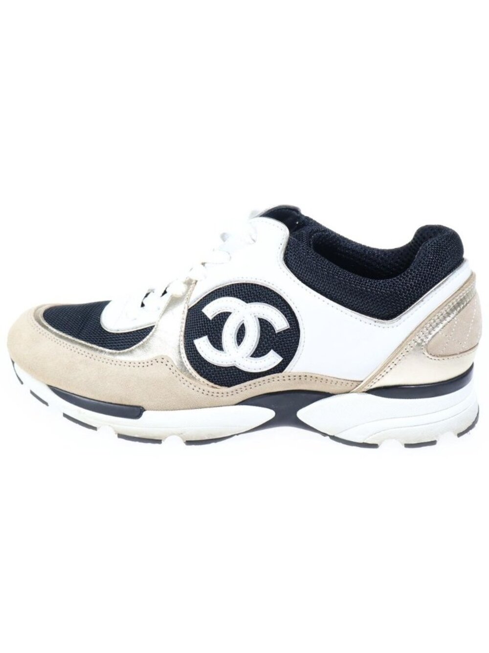 Chanel CC Logo Fabric Suede Low-Top Sneakers White Black
